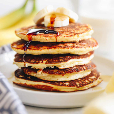 banana pancakes image with dark balsamic